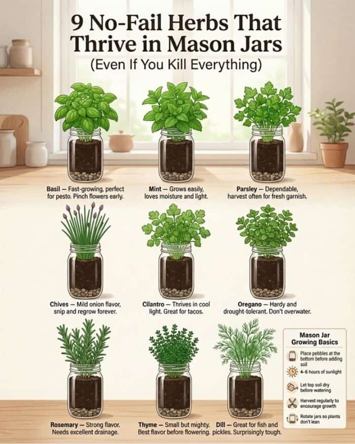 These easy herbs will happily live in mason jars on a sunny windowsill. Fresh flavor at arm’s reach