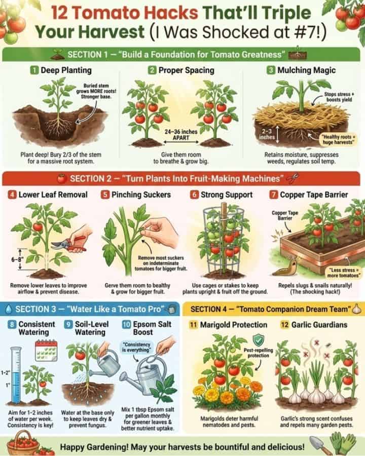 Tomatoes really shine when you set them up right from the start. Plant them deep, space them well, mulch to protect the roots, and water at the soil level — not the leaves. A little pruning and strong support go a long way toward bigger, juicier harvests 