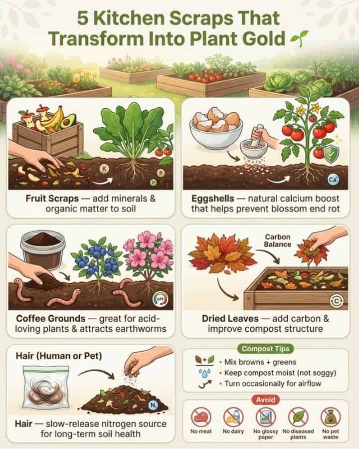 Don’t toss those kitchen scraps just yet! Fruit peels, crushed eggshells, coffee grounds, dried leaves — even pet hair — can all boost your soil naturally. 