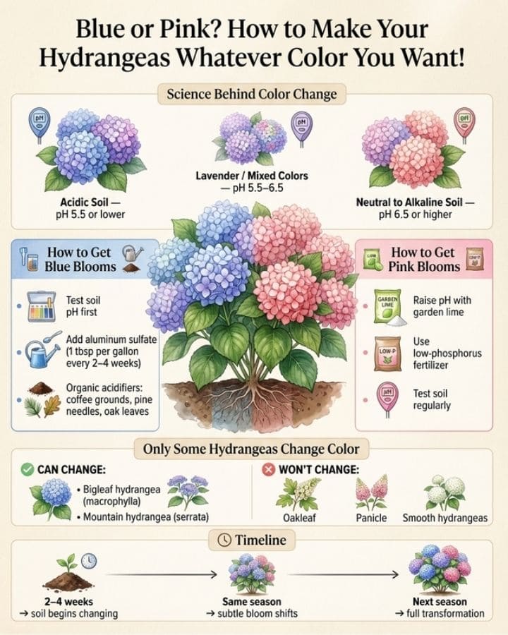 Want blue or pink hydrangeas on purpose? It all comes down to soil pH. Acidic soil (5.5 or below) turns blooms blue, while neutral–alkaline soil shifts them pink. Test first, then tweak slowly — and remember, only certain hydrangeas change color. Garden science can be beautiful 💙🌸
