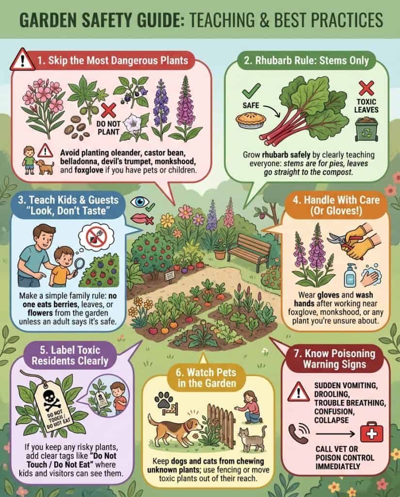 Infographic showing seven toxic garden plants with identification photos and safety warning symbols