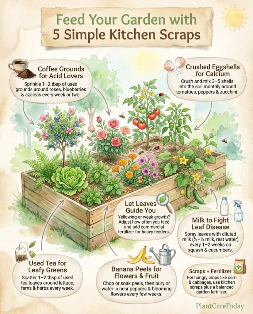 Infographic showing kitchen scrap composting guide matched to specific plant nutrient needs and compatibility