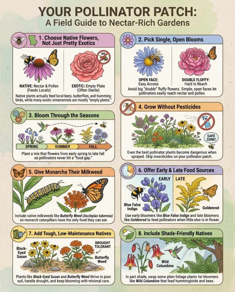 Infographic comparing ornamental flowers vs native pollinator plants with nutrition value charts