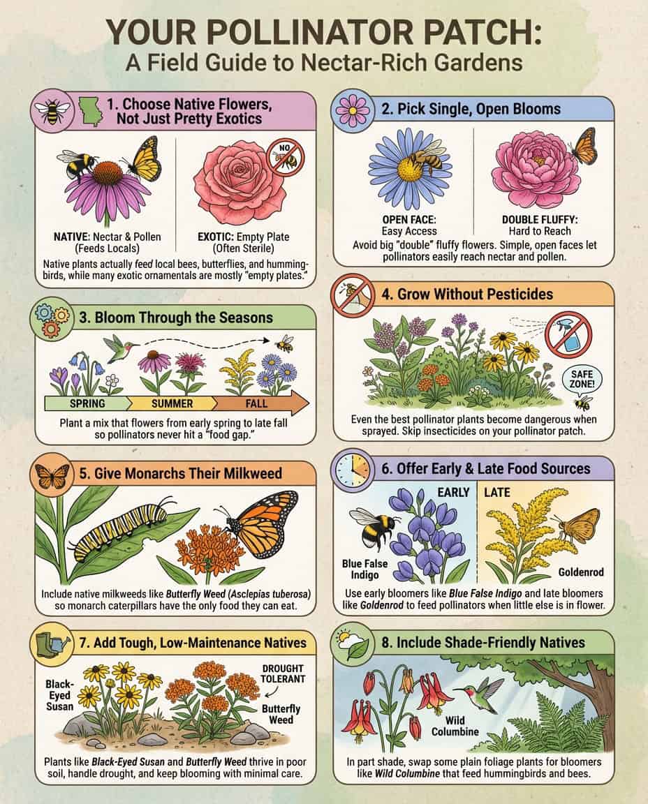 Infographic comparing ornamental flowers vs native pollinator plants with nutrition value charts