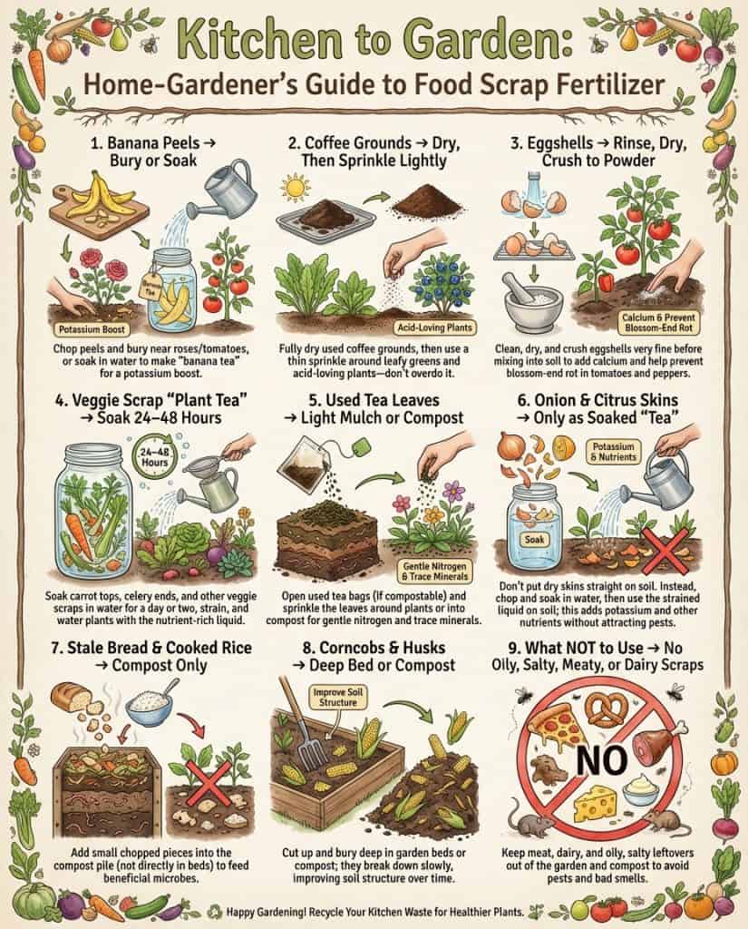 Infographic displaying nine kitchen scraps for composting with nutrient breakdown and usage methods