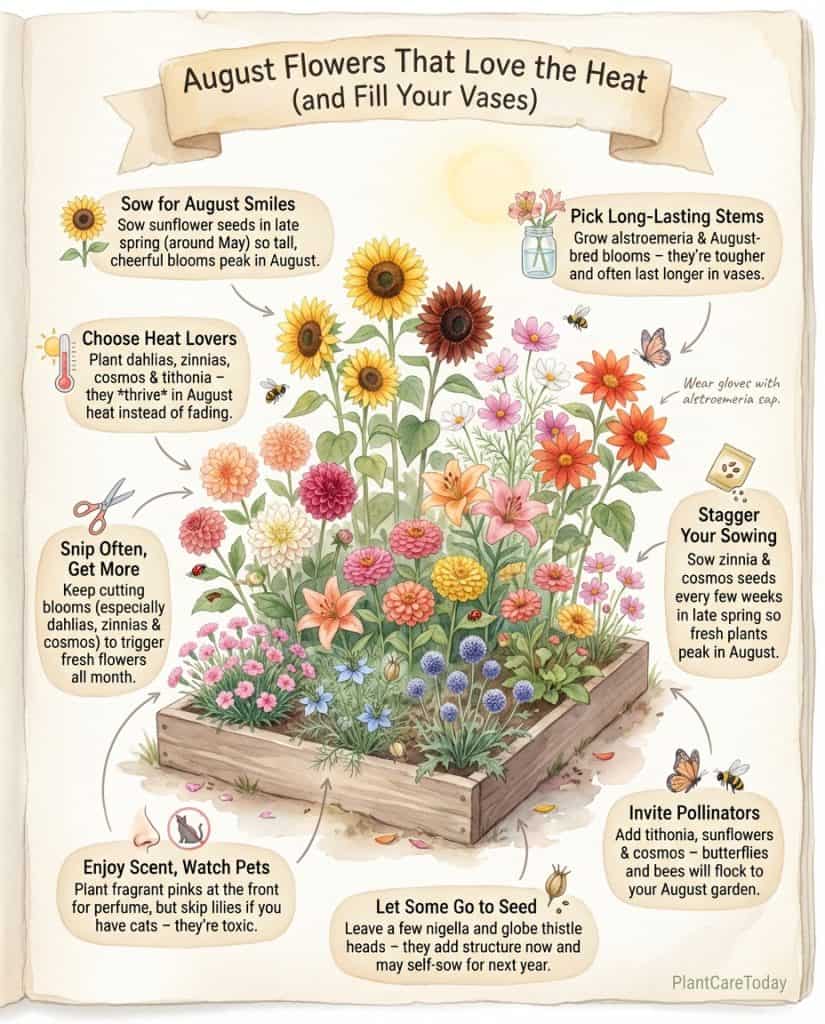 Infographic displaying ten heat-loving cutting flowers for August with vase life and planting timing details