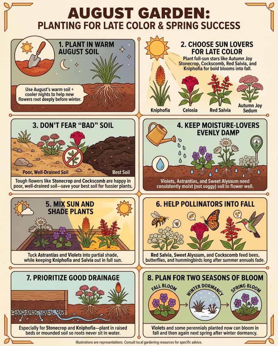 Infographic displaying nine August-planted flowers for fall gardens with planting information