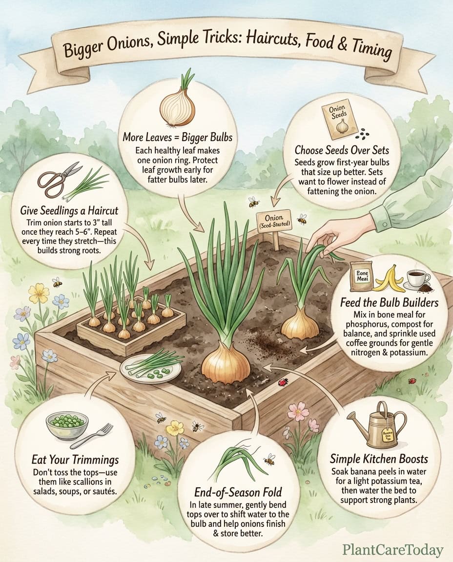 Infographic showing onion seedling trimming technique with before and after illustrations