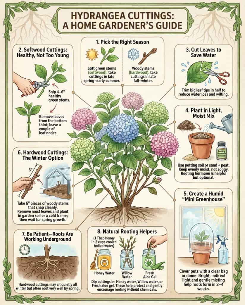 Hydrangea propagation infographic displaying different cutting methods and timing guide