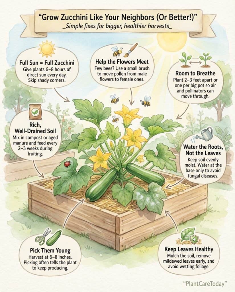 Infographic illustrating five common zucchini growing mistakes with visual examples and solutions