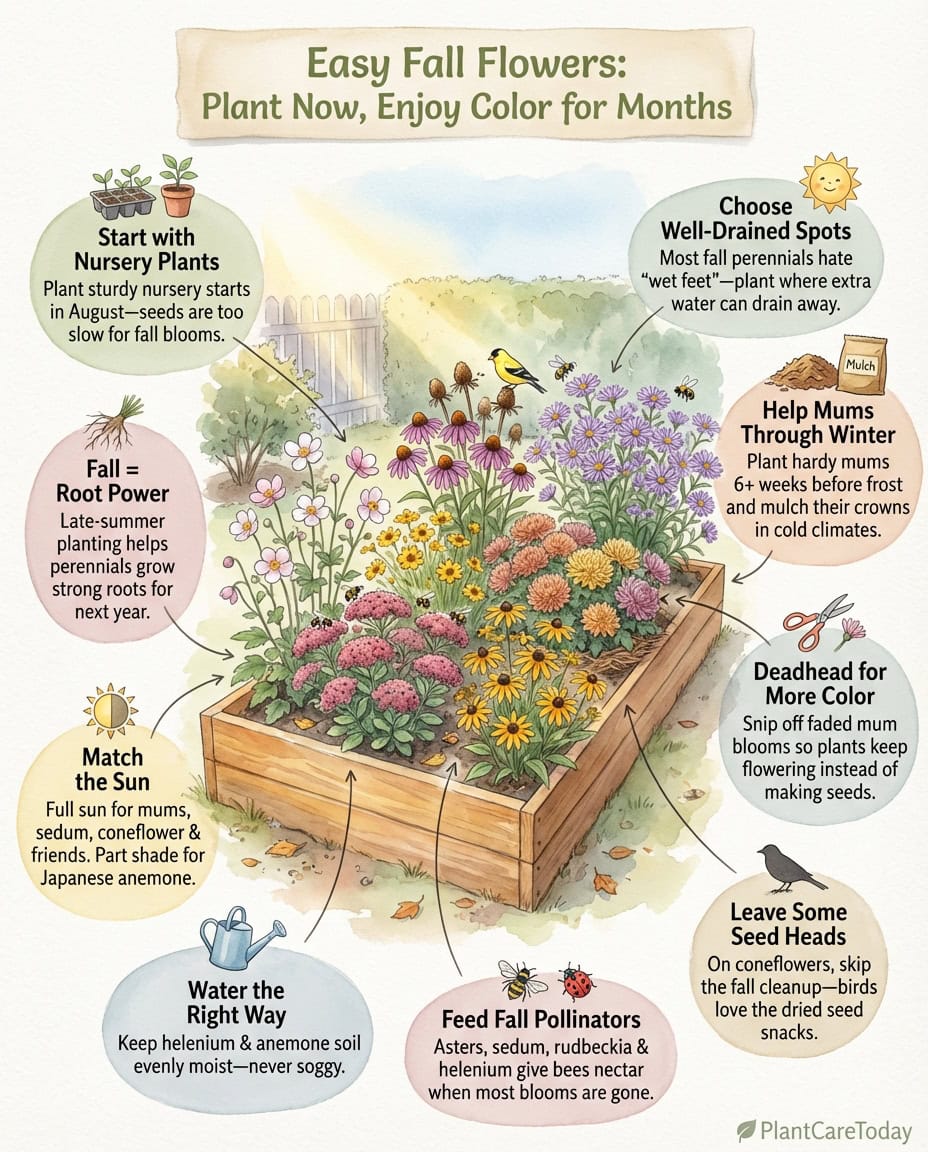 Fall flower infographic featuring nine late-season planting options with bloom images