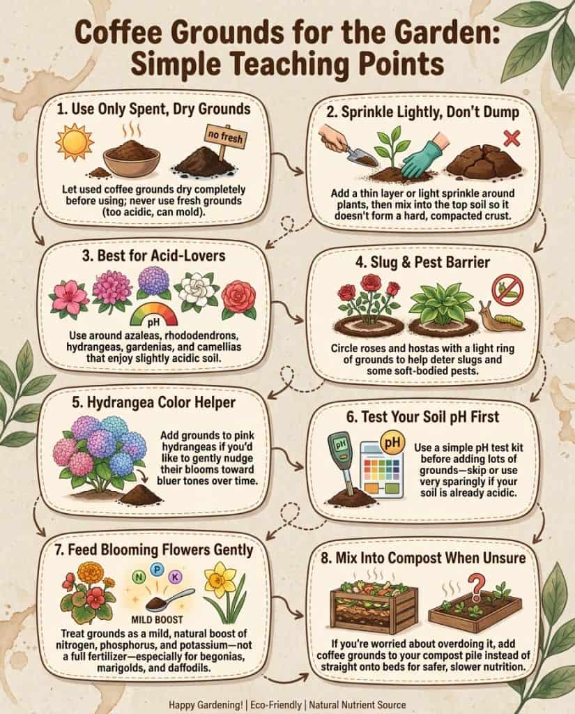 Infographic showing 11 flowers that benefit from coffee grounds with application tips and common errors