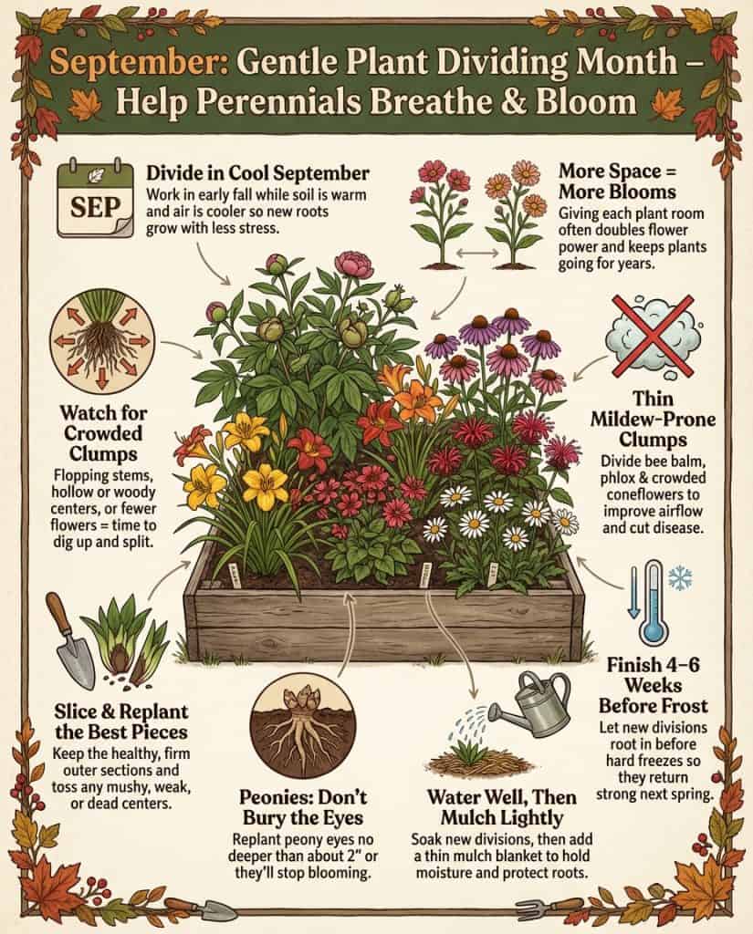 Infographic showing nine perennials that need dividing in September with overcrowded root examples
