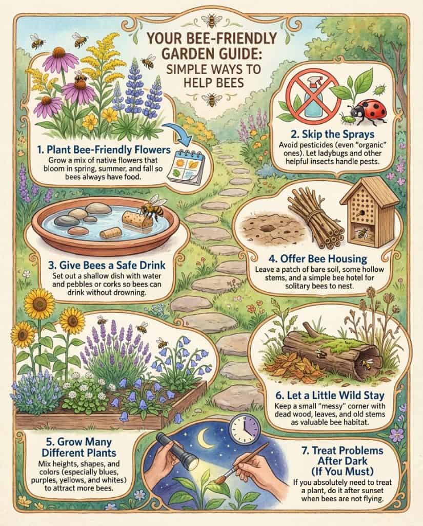 Infographic showing bee-friendly gardening practices with pollinator plant examples and habitat tips