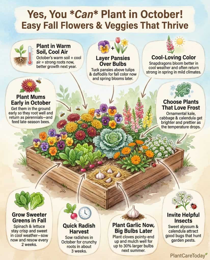 Infographic displaying ten plants for October planting with visual identification and root development details