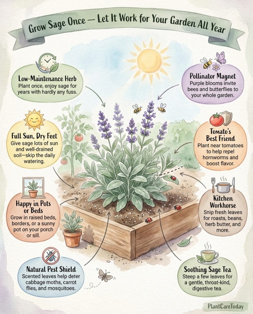 Infographic displaying multiple uses for sage plant with illustrated applications and benefits