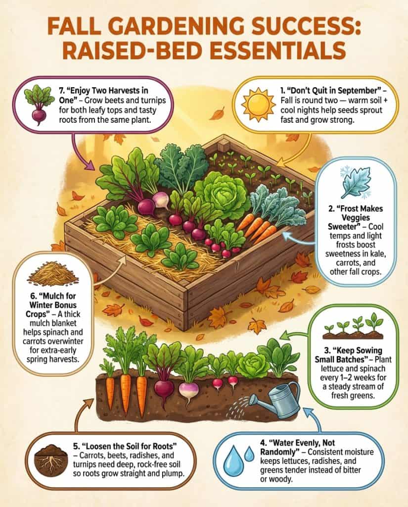 Infographic displaying twelve fall vegetables for September planting with harvest timeline chart