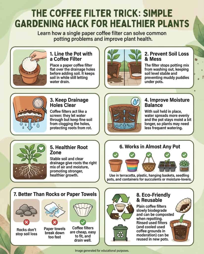 Infographic showing coffee filter drainage solution for potted plants with step-by-step placement method