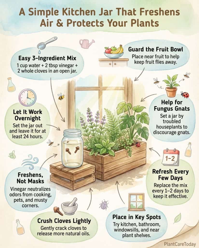 Infographic showing homemade fruit fly trap recipe with cloves, vinegar, and water ingredients