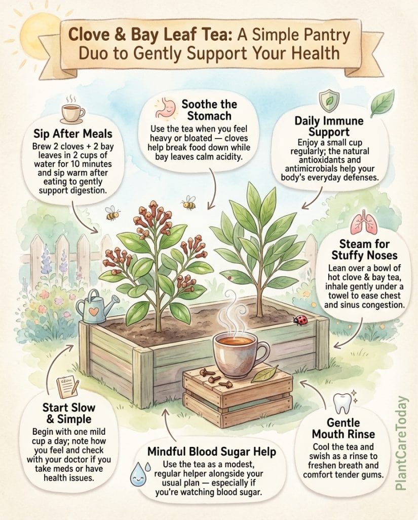 Infographic showing cloves and bay leaves health benefits with digestive and anti-inflammatory effects