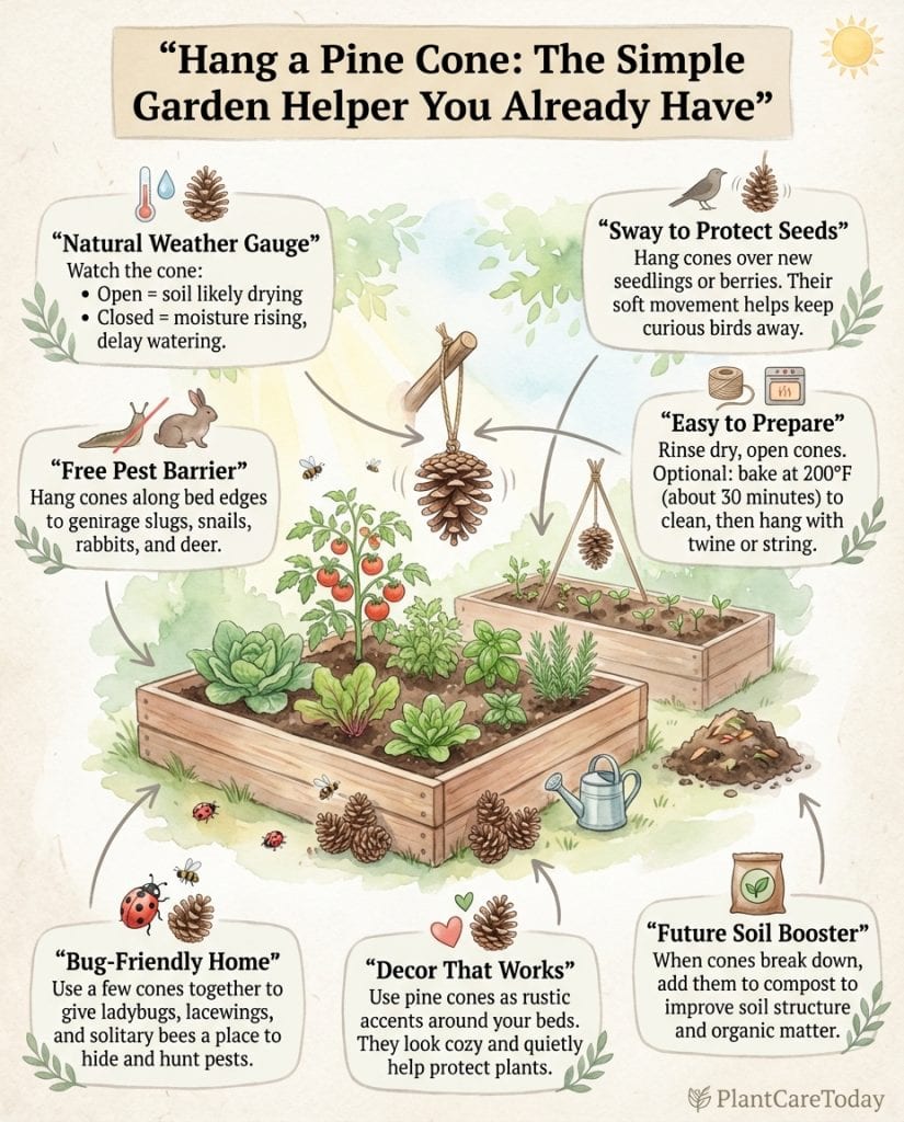 Infographic displaying multiple pine cone garden uses with illustrated applications and benefits