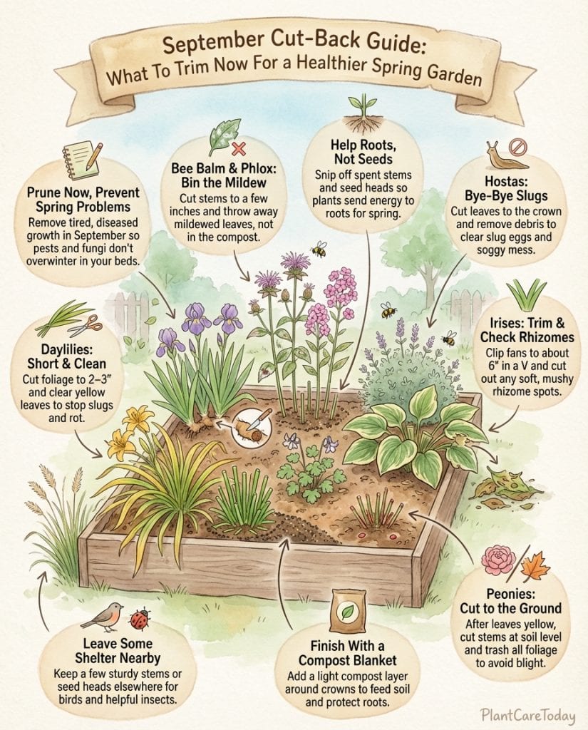 Infographic showing September pruning guide with plant types to trim and avoid cutting back