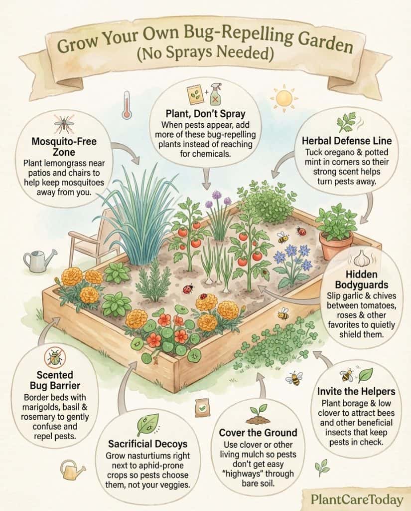 Companion planting infographic showing 11 pest-repelling plants with illustrations and scent indicators