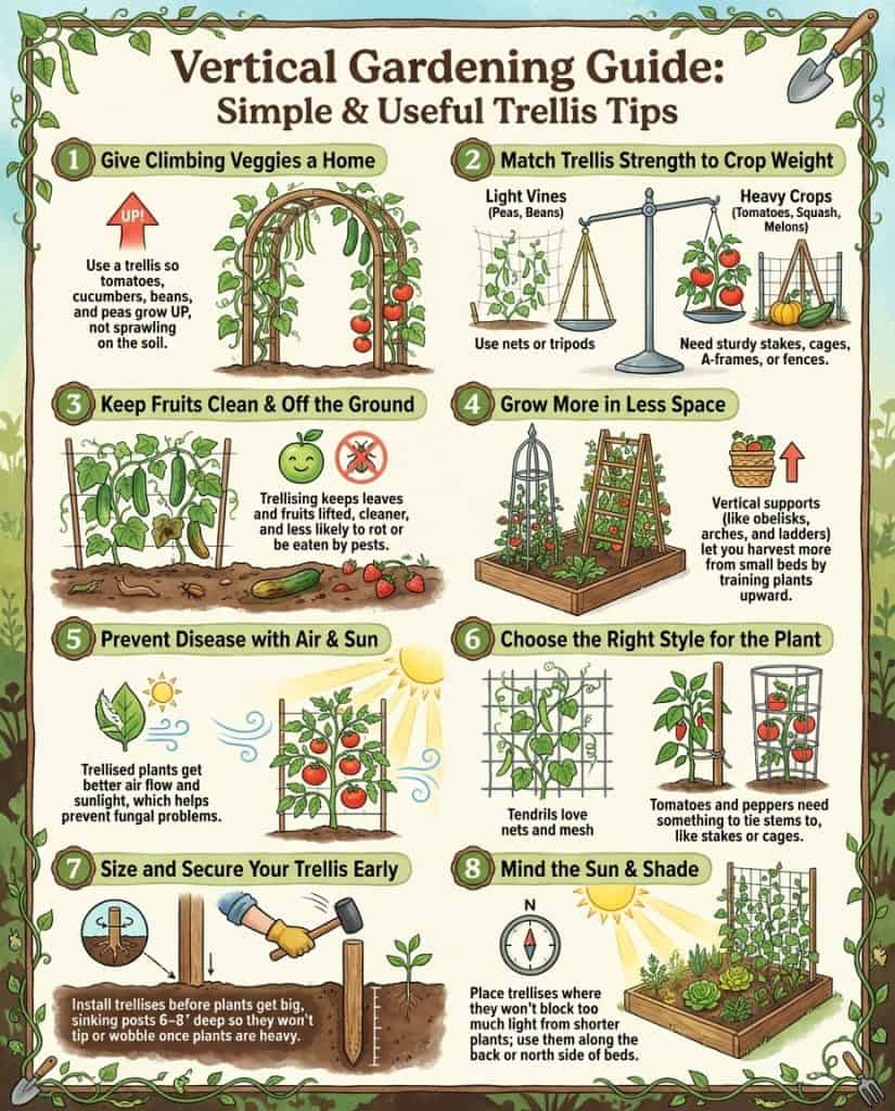 Infographic comparing tomato trellis types with plant compatibility chart and support structure diagrams