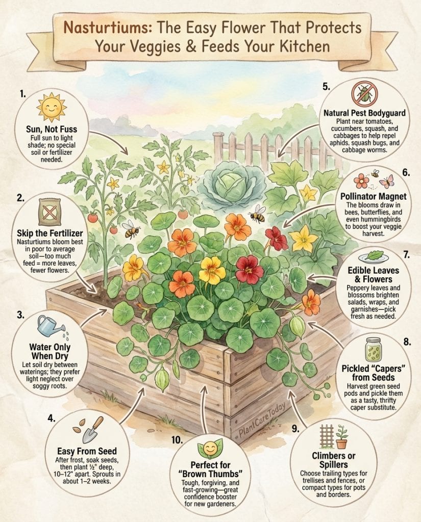 Nasturtium infographic showing companion planting benefits, edible parts, and growing requirements