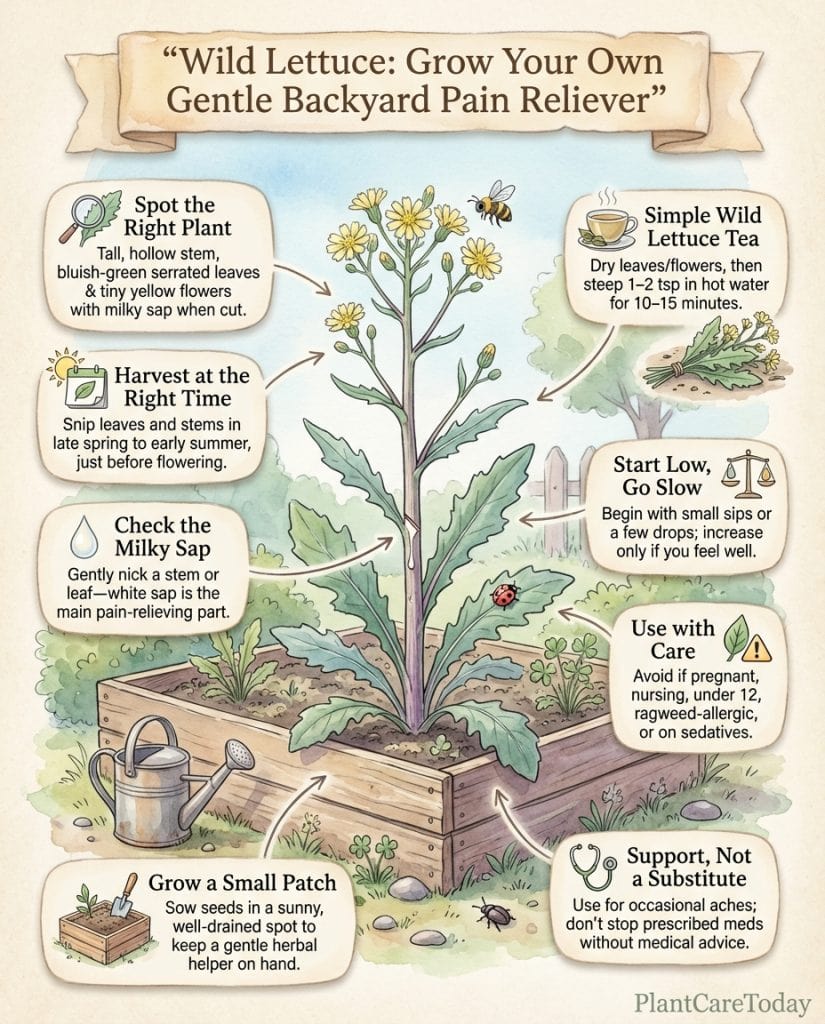 Wild lettuce identification infographic showing plant features, harvesting methods, and preparation steps