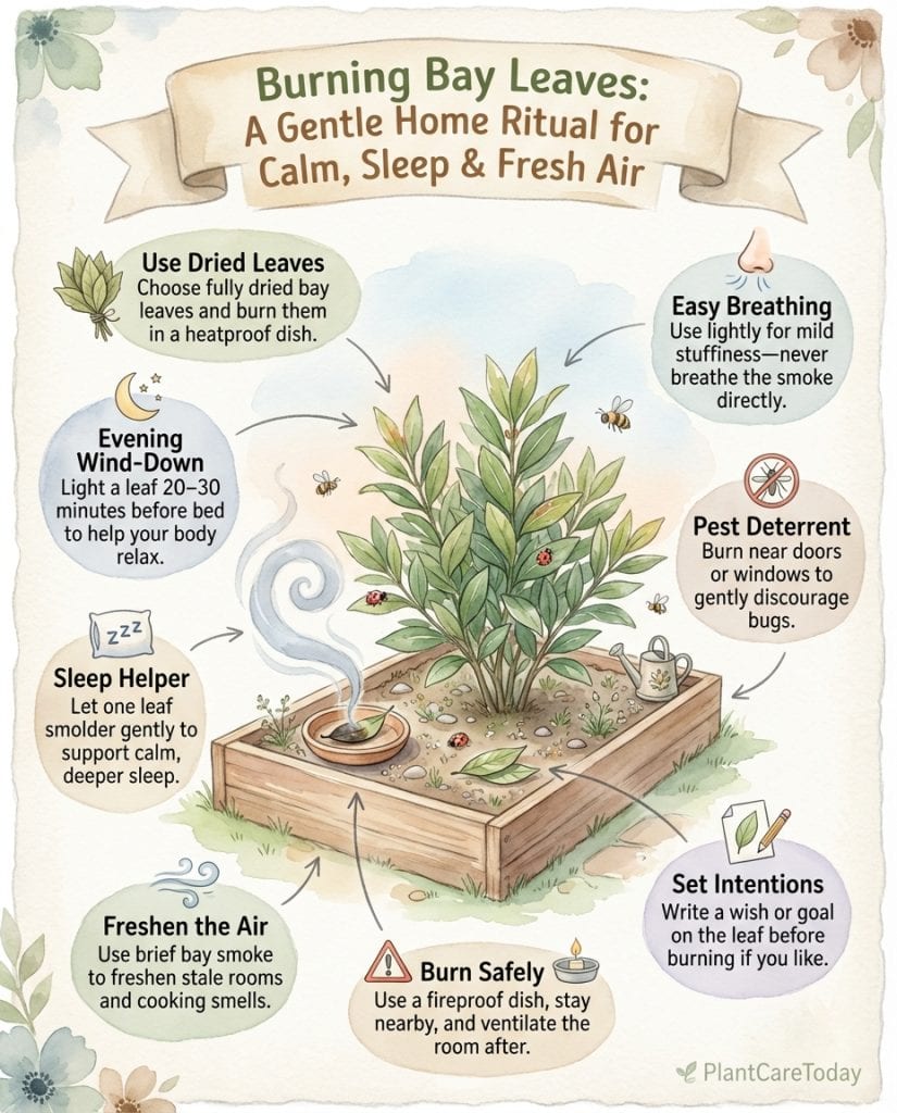 Infographic showing bay leaf burning benefits with illustrated steps and compound breakdown chart
