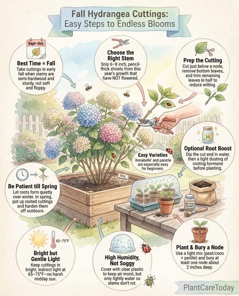 Infographic showing fall hydrangea propagation steps with semi-hardwood cutting identification guide