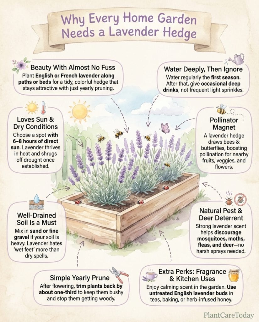 Lavender hedge benefits infographic showing pollinator attraction, pest repellent properties, and wellness effects