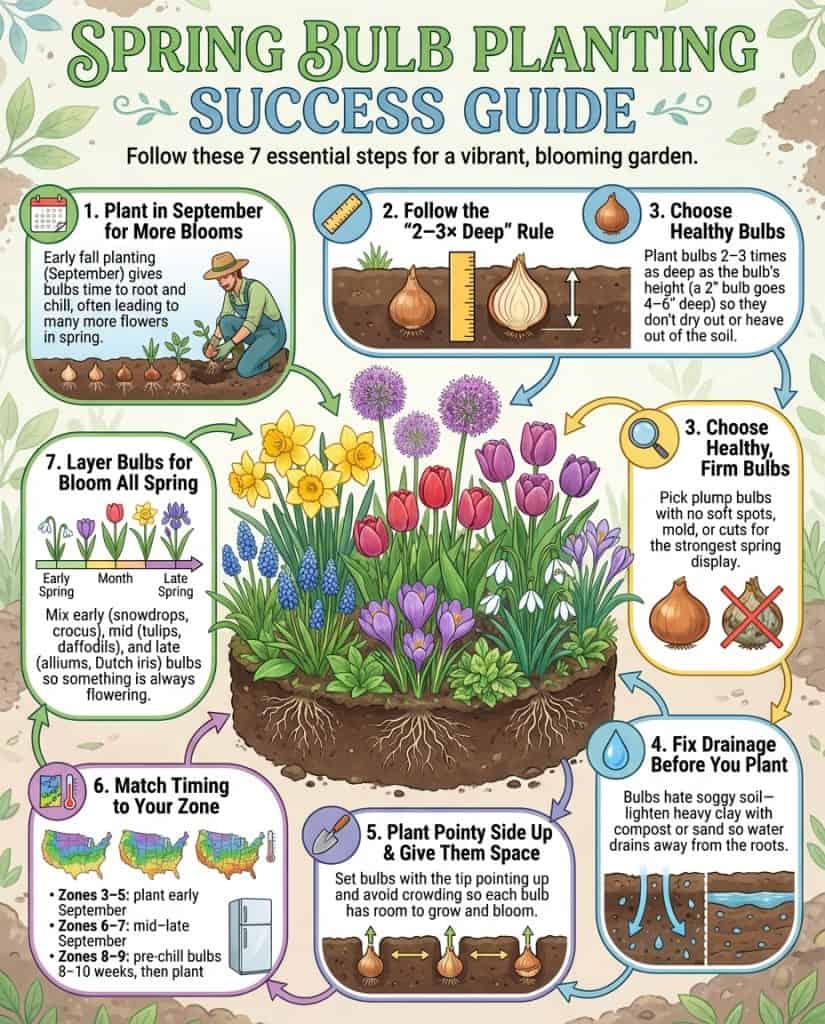 Infographic showing fall bulb planting depths and timing chart for September with common bulb varieties