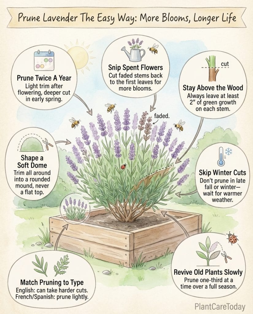 Lavender pruning infographic showing correct and incorrect cutting locations with plant anatomy diagram