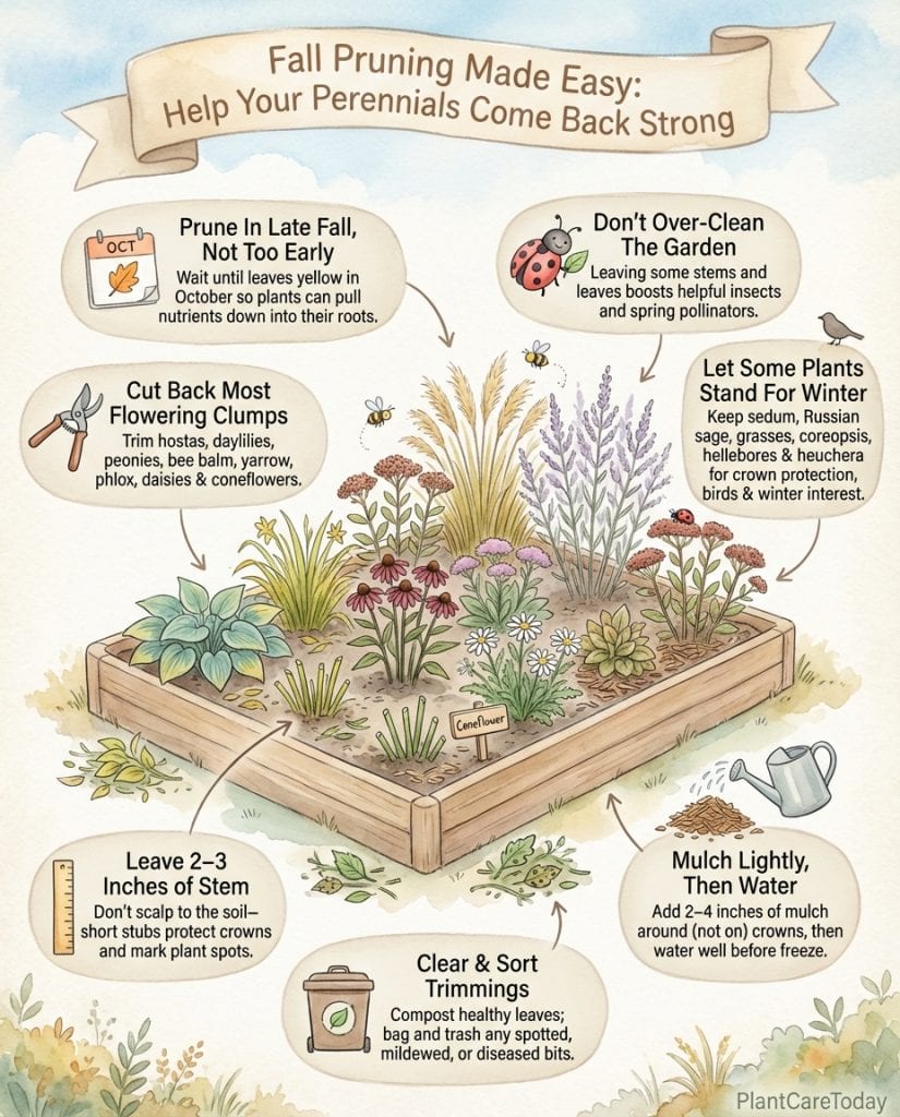 Infographic showing fall perennial pruning timeline with correct and incorrect cutting periods illustrated