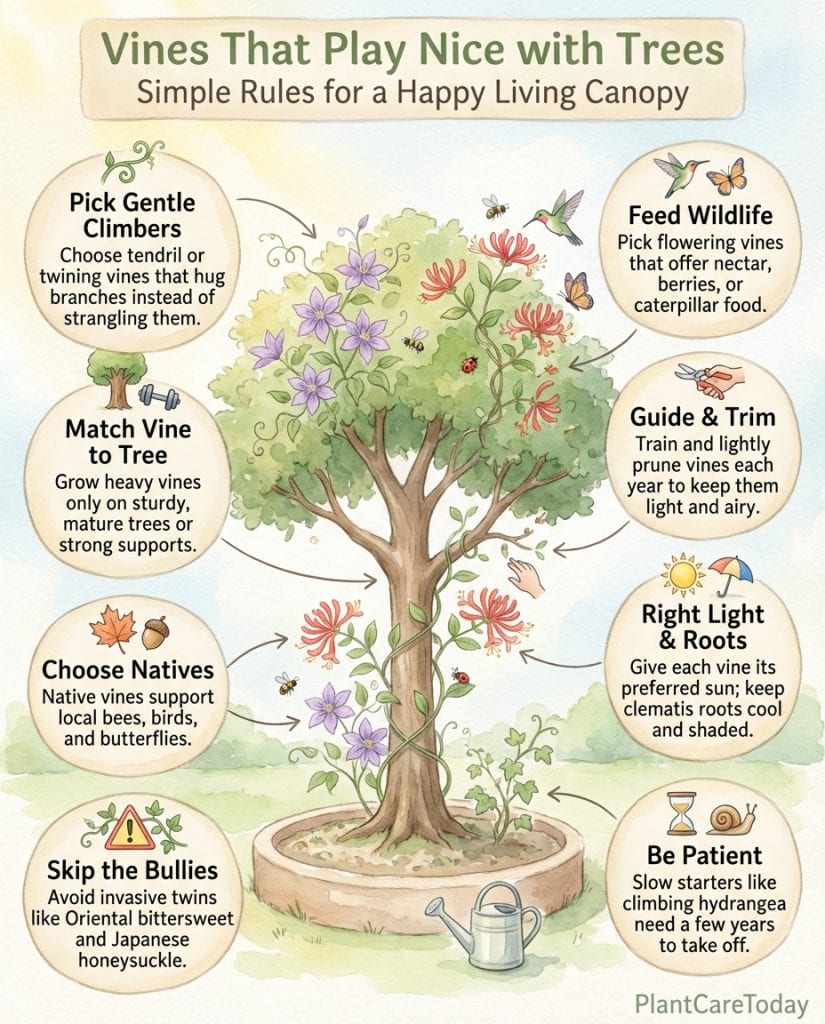 Infographic comparing tree-friendly vines versus aggressive varieties with growth pattern diagrams