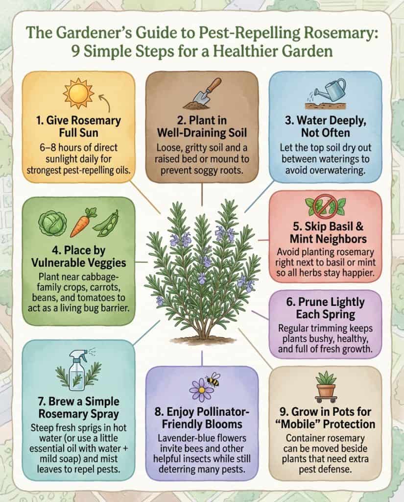Infographic showing rosemary companion planting layout with pest-repelling placement strategies