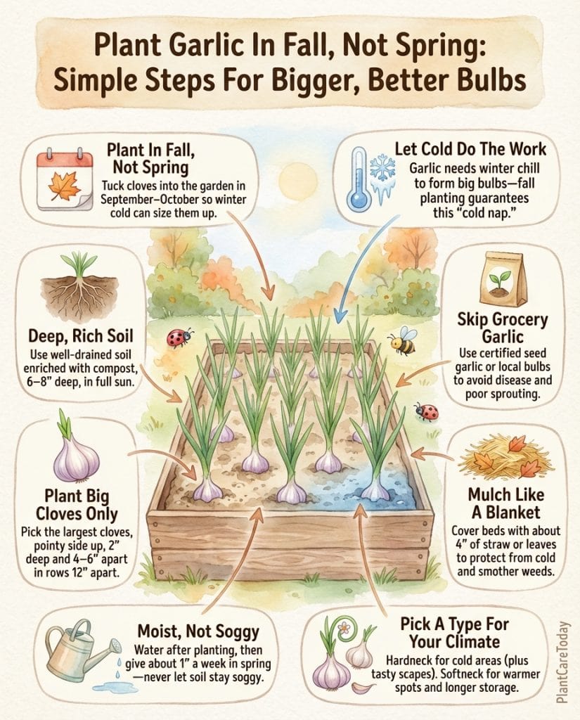 Infographic showing fall garlic planting timeline and step-by-step process for September planting