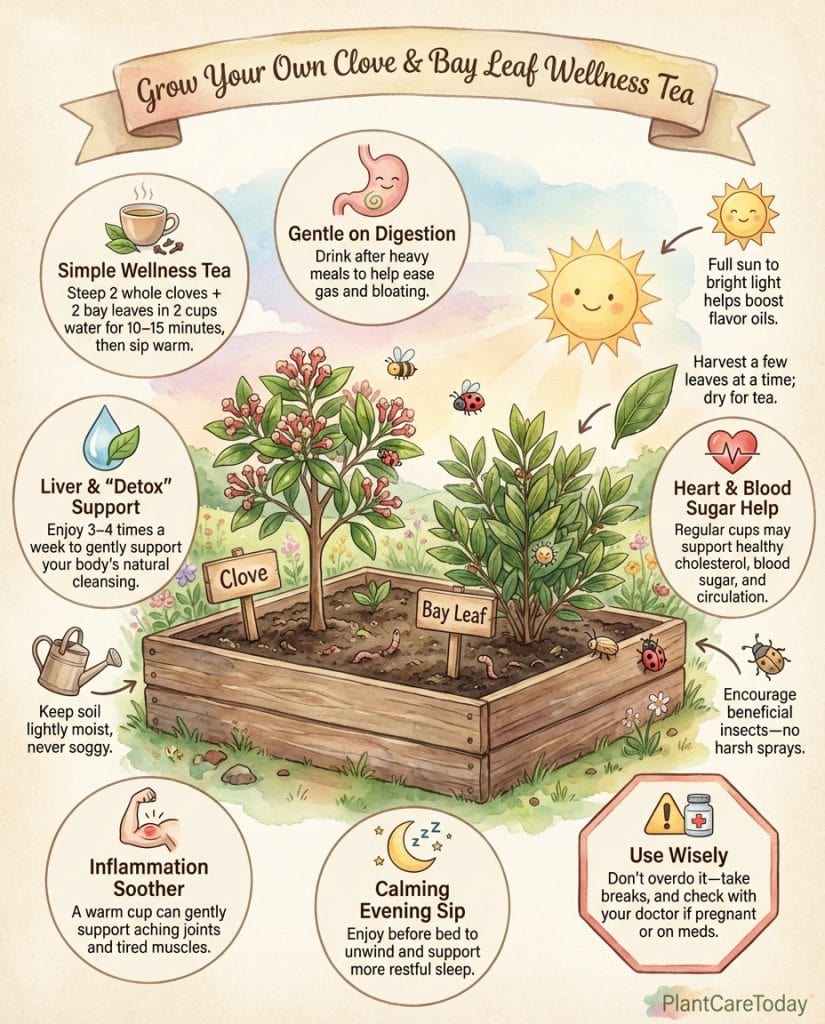 Infographic showing clove and bay leaf tea preparation steps with health benefit icons