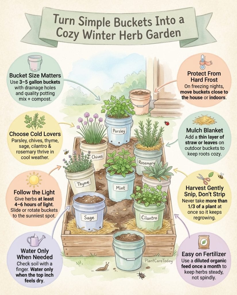 Infographic displaying winter herb container growing setup with bucket planting steps and care methods