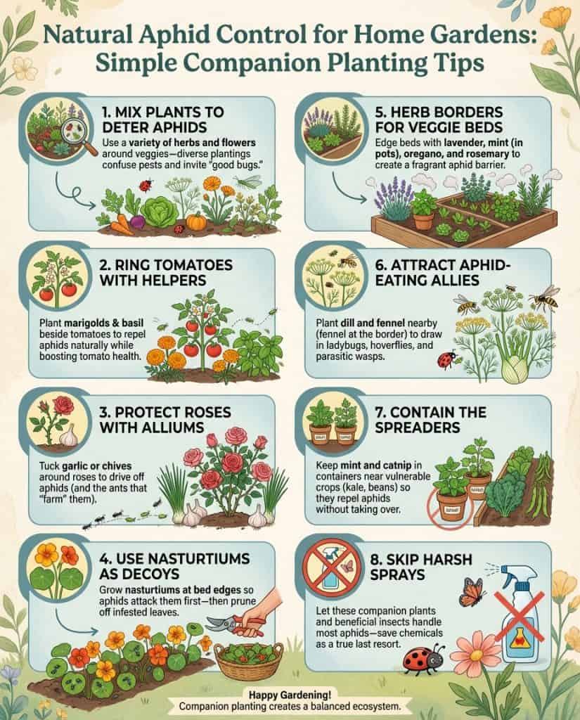 Infographic displaying companion plants that repel aphids with planting placement diagrams