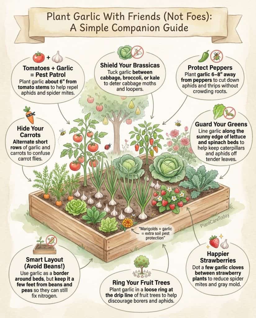 Garlic companion planting infographic showing compatible and incompatible plant pairings with spacing diagrams