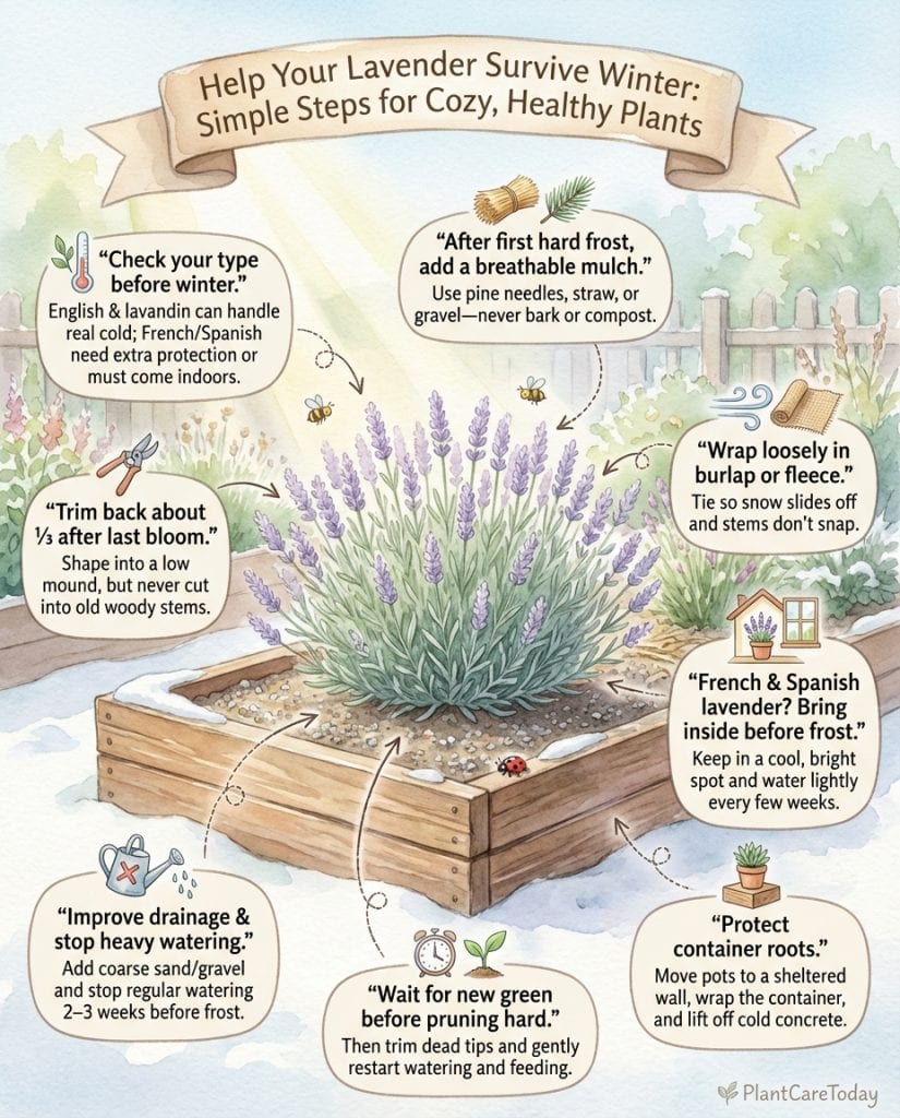 Lavender winter care infographic showing six essential protection methods with step-by-step illustrations