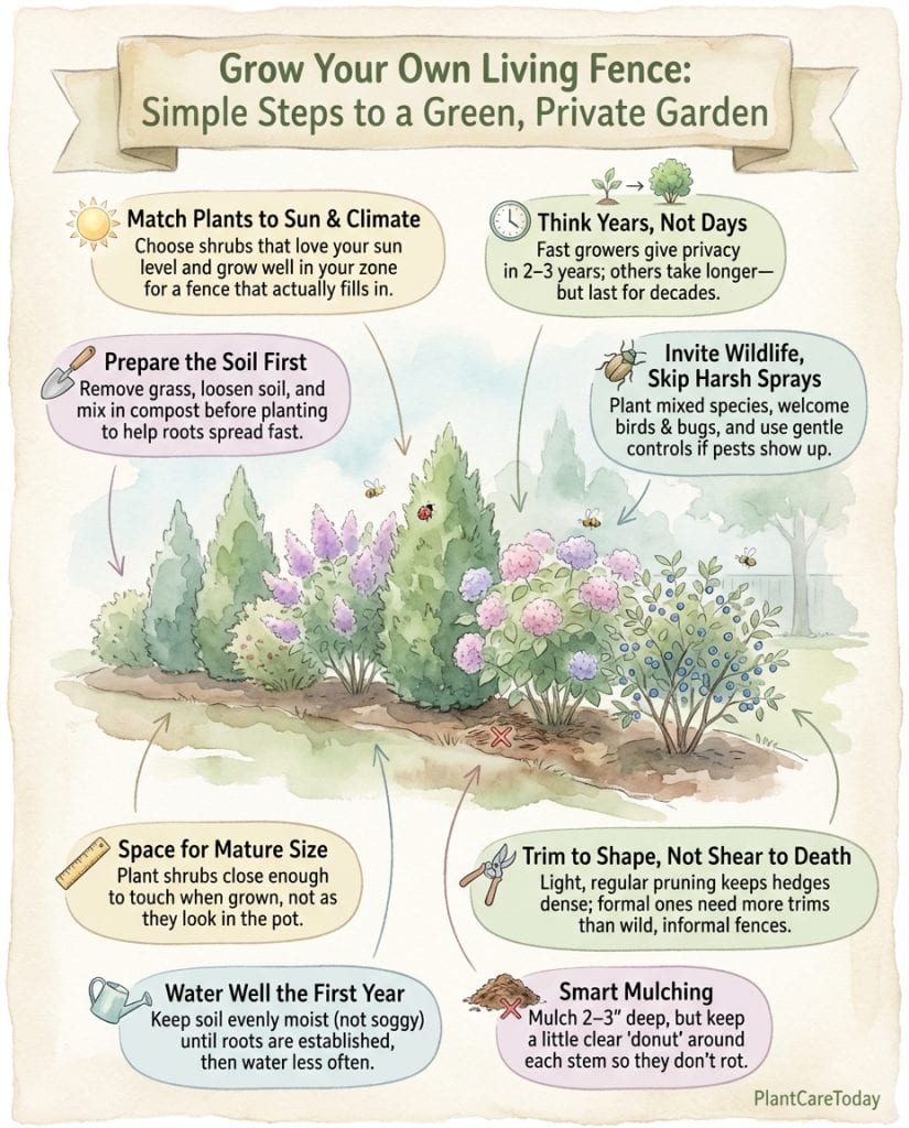 Living fence infographic showing hedge plant options with growth timeline and spacing requirements