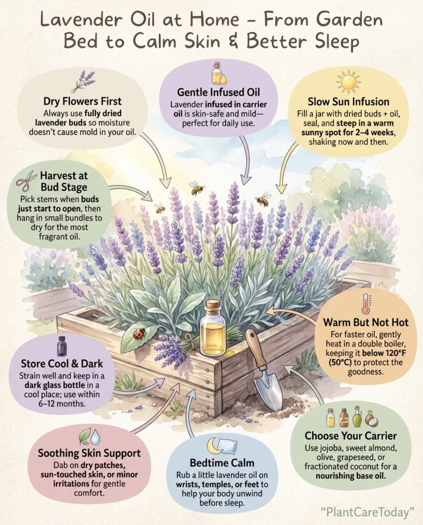 Lavender infused oil infographic showing preparation steps and common household uses