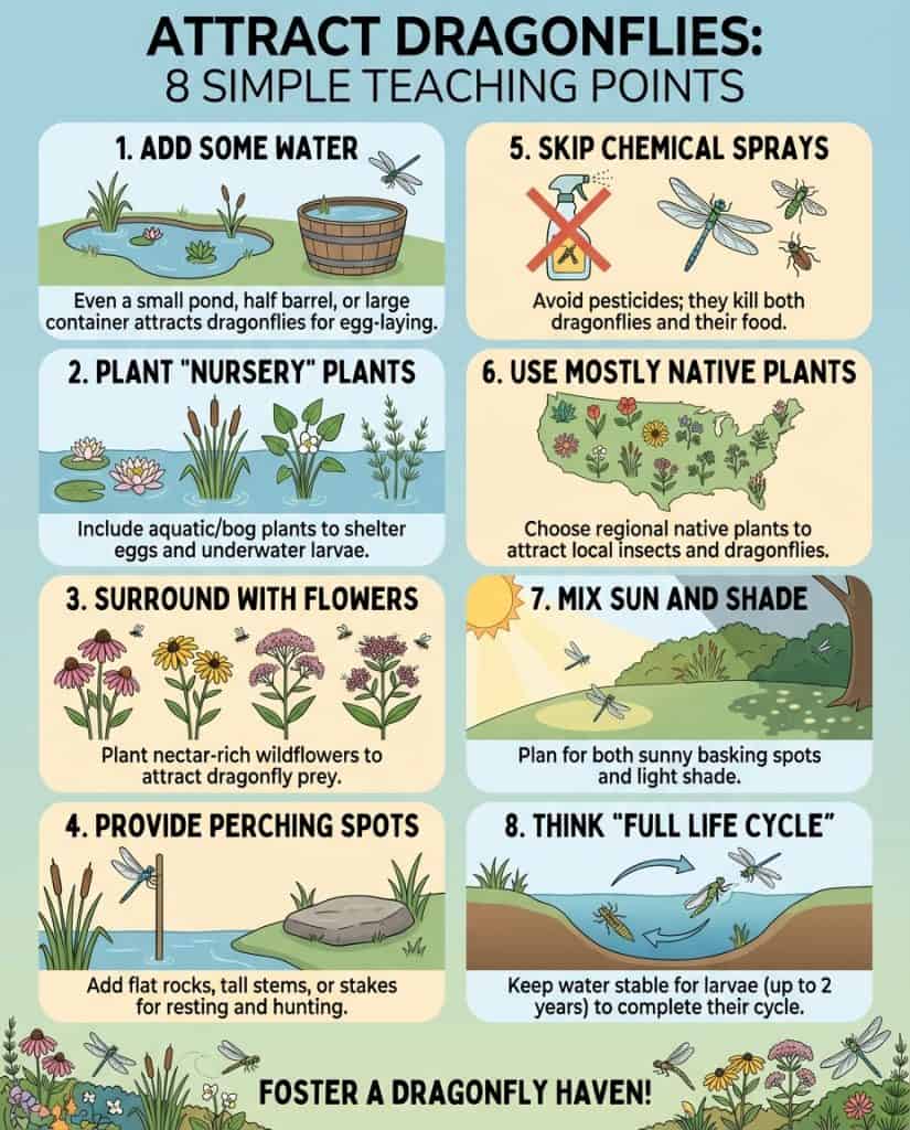 Infographic displaying dragonfly-attracting plants with habitat creation steps for natural pest control