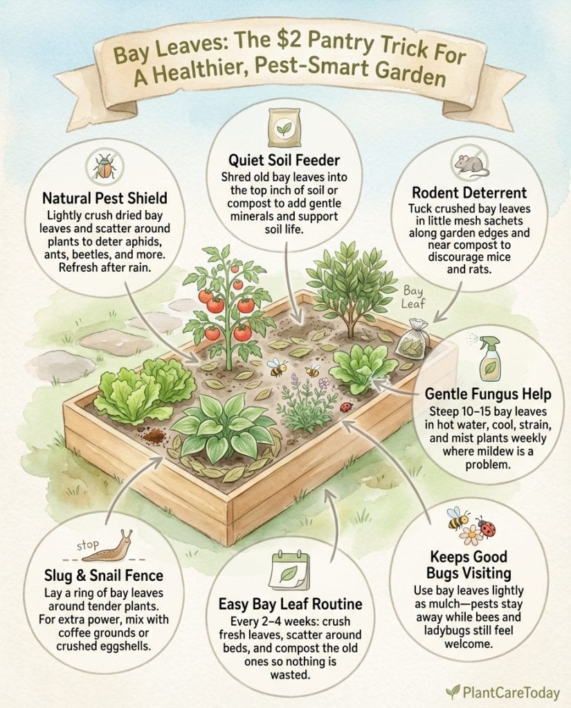 Bay leaf pest control infographic showing application methods around garden plants with breakdown benefits