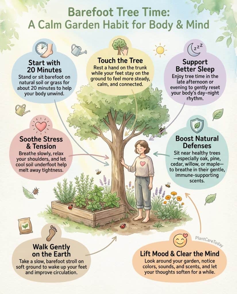 Infographic showing grounding benefits with barefoot contact on soil and stress reduction data