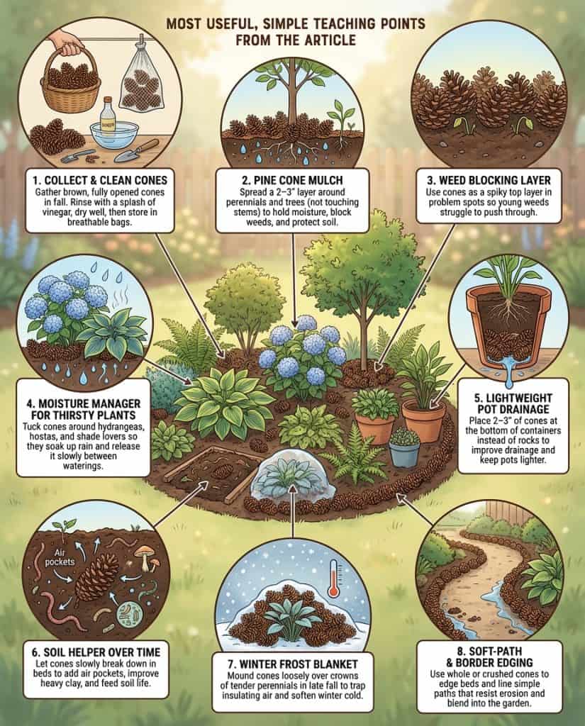 Infographic displaying multiple pine cone garden uses with illustrated examples and application methods